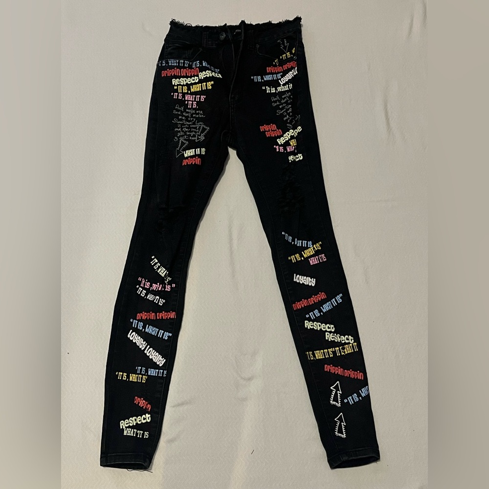 Black pants with colorful words